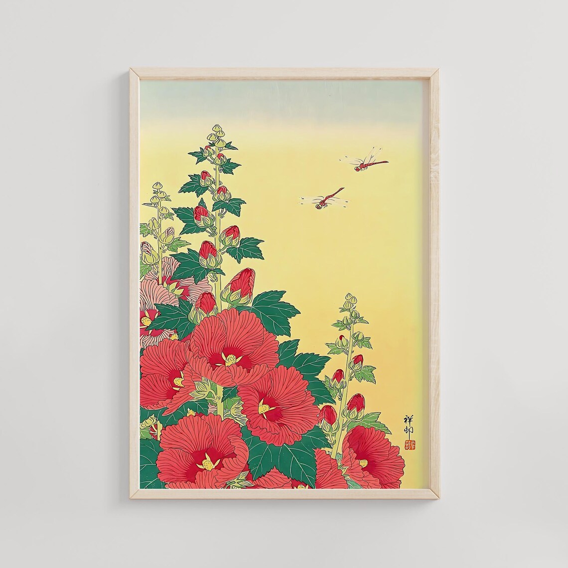 Red Hollyhock Flowers and Dragonflies Japanese Woodblock Poster