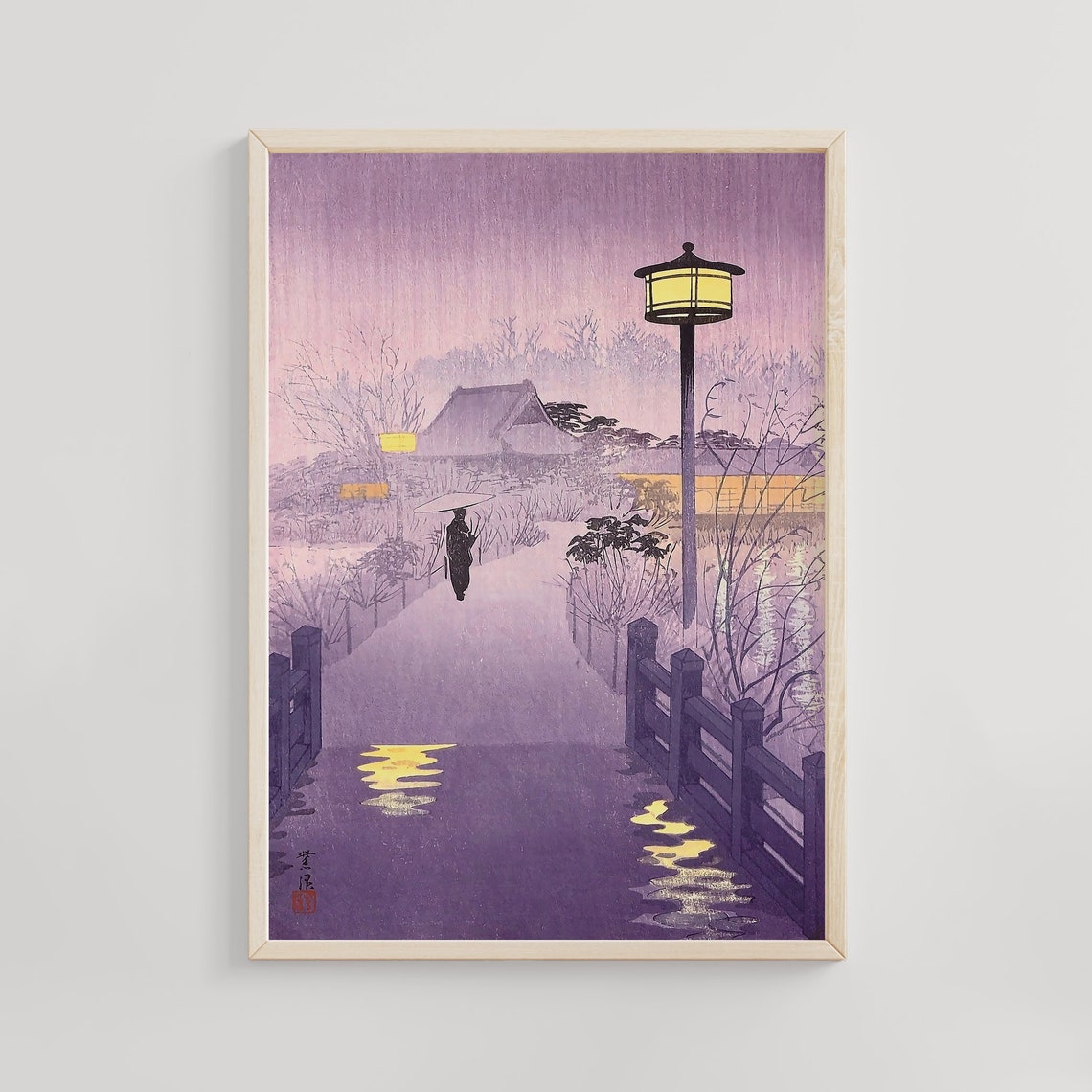 Rainy Evening Bridge Umbrella Figure Purple Dusk Woodblock Poster