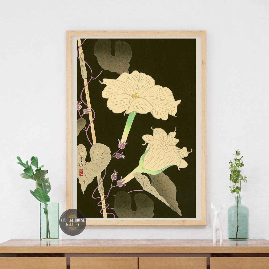 White Moonflower Blossom On Dark Ground Japanese Woodblock Art Poster