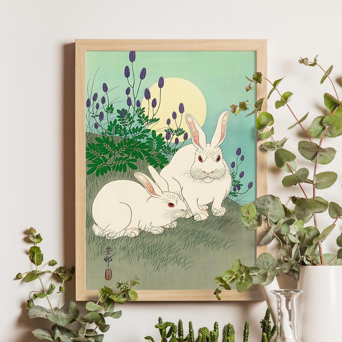 Two White Rabbits under the Moon Night Japanese Woodblock Poster