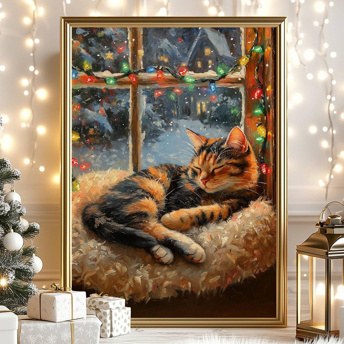 Tortoiseshell Cat Christmas Window Lights Sleeping Cozy Poster