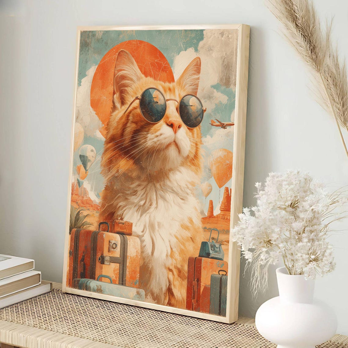 Retro Surreal Travel Cat Round Sunglasses Hot Air Balloons Poster - Image 3