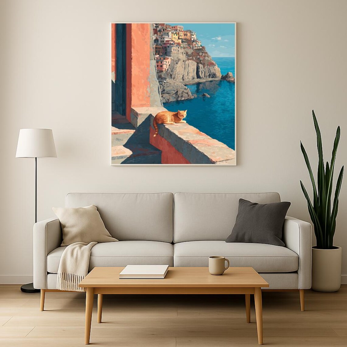 Orange Cat Above Italian Cliffside Village Coastal Travel Poster - Image 3