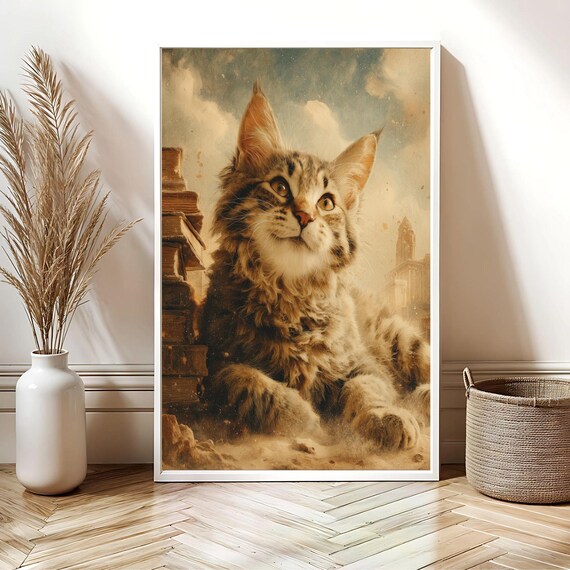 Maine Coon Cat With Stack of Books Dreamy Surreal Art Poster