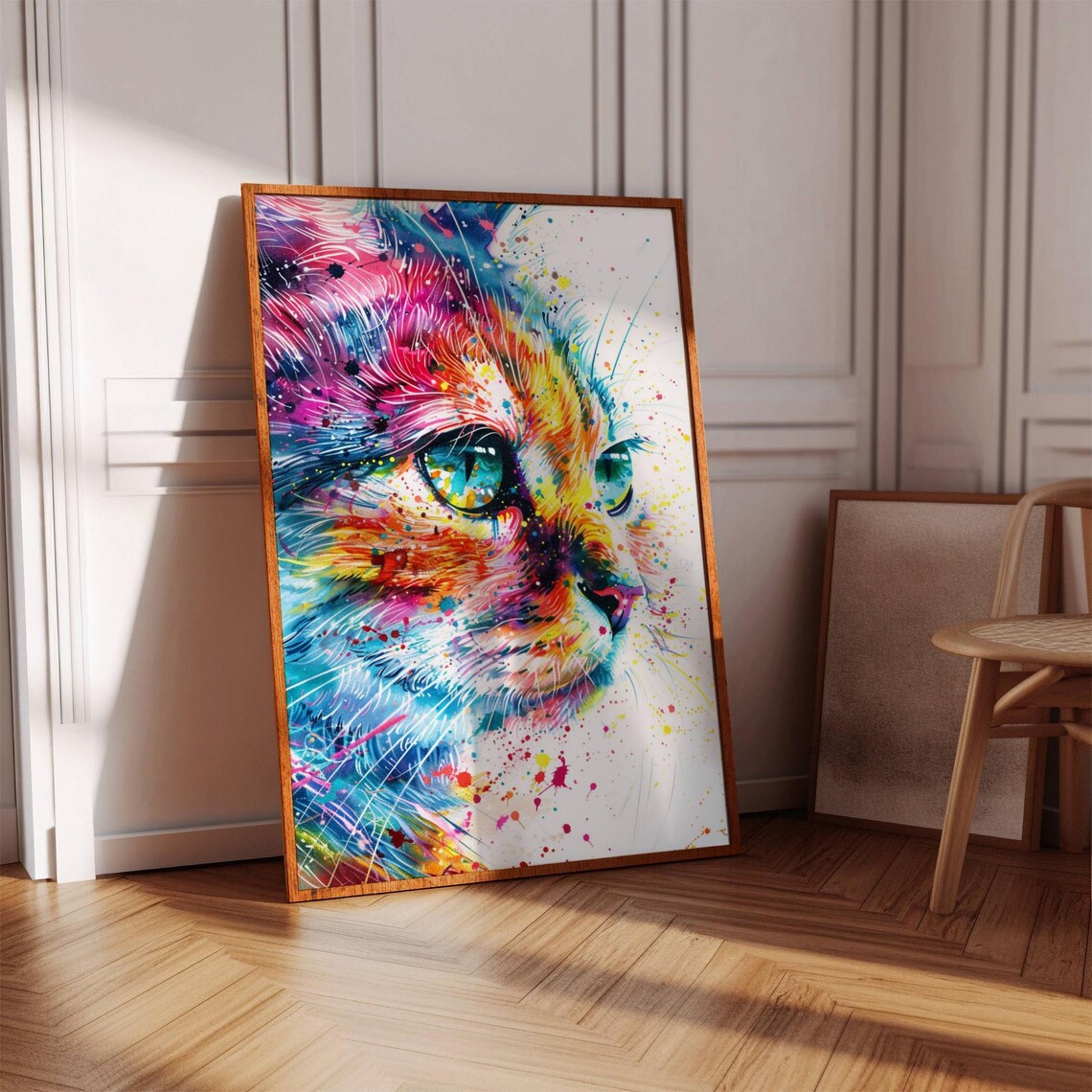 Colorful Watercolor Cat Portrait Splatter Paint Modern Art Poster - Image 3