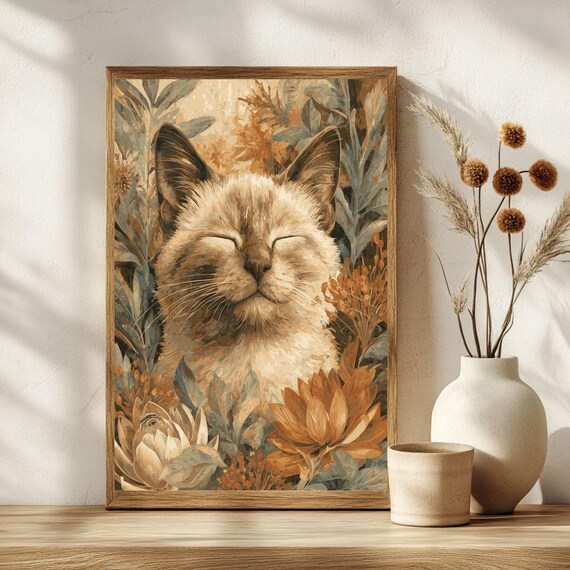 Folk Art Smiling Siamese Cat Golden Lotus Floral Nature Poster