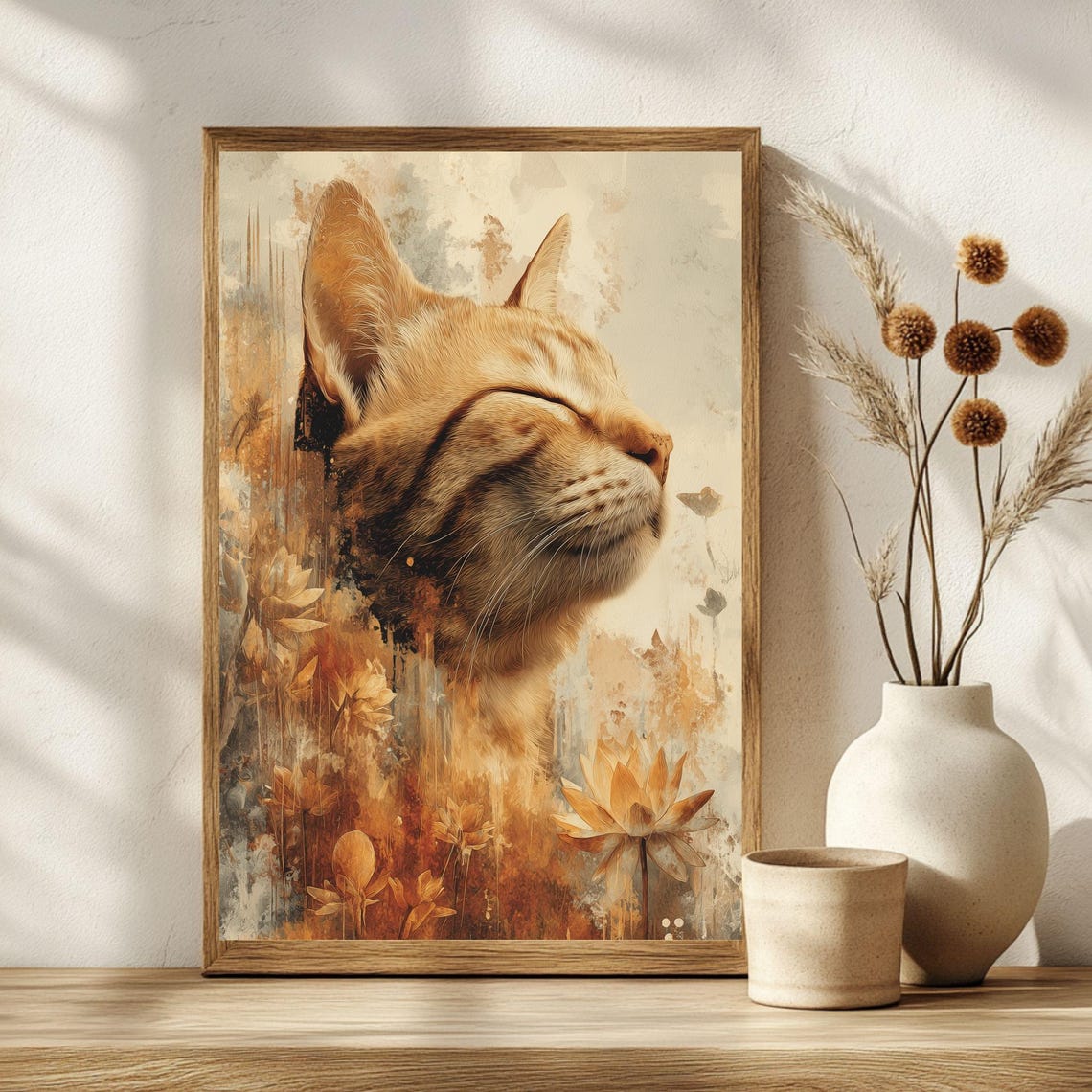 Serene Ginger Cat Profile Among Autumn Flowers Watercolor Poster