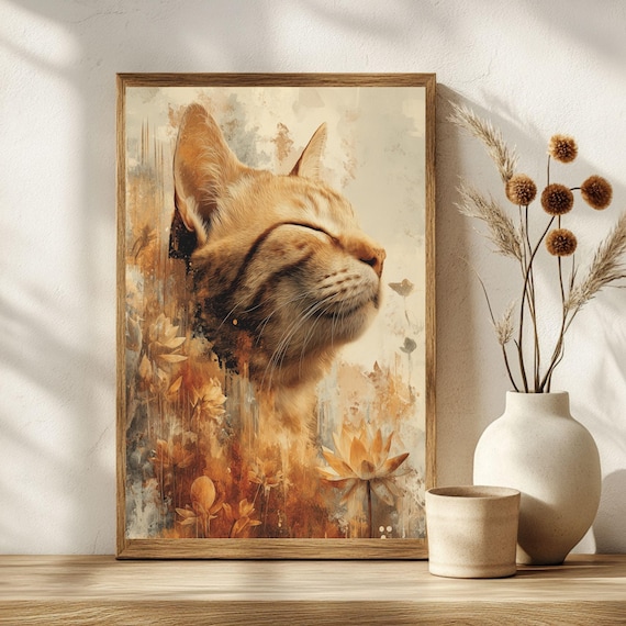 Serene Ginger Cat Profile Among Autumn Flowers Watercolor Poster