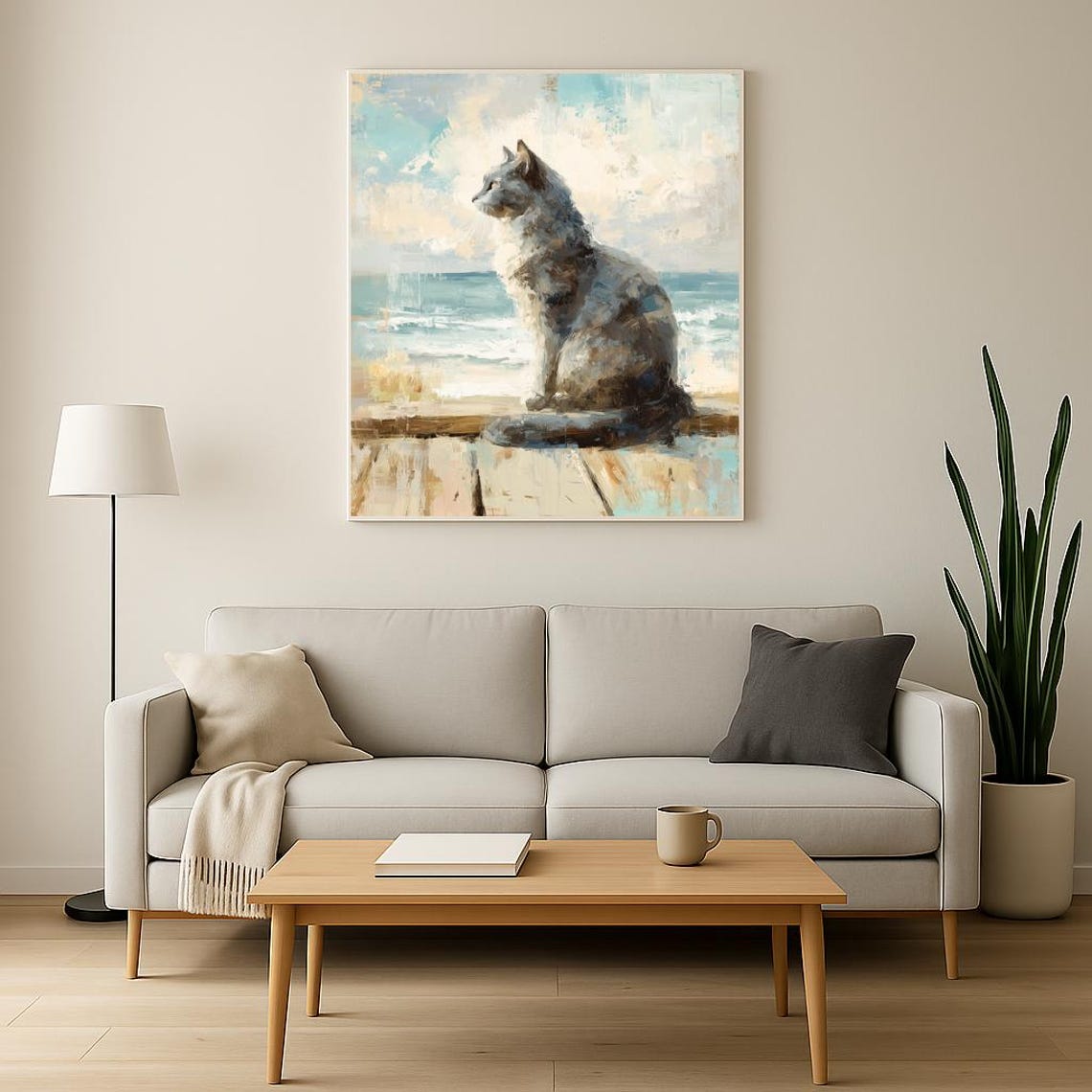 Gray Cat Gazing at Ocean From Wooden Dock Coastal Art Poster - Image 3