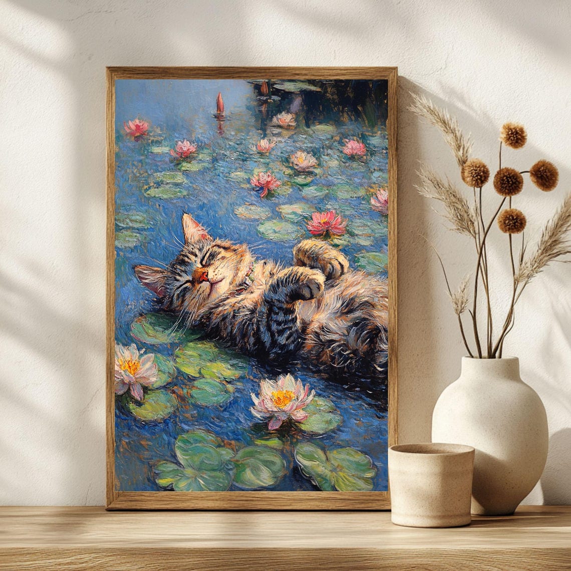 Tabby Cat Dreaming in Monet Water Lilies Impressionist Poster