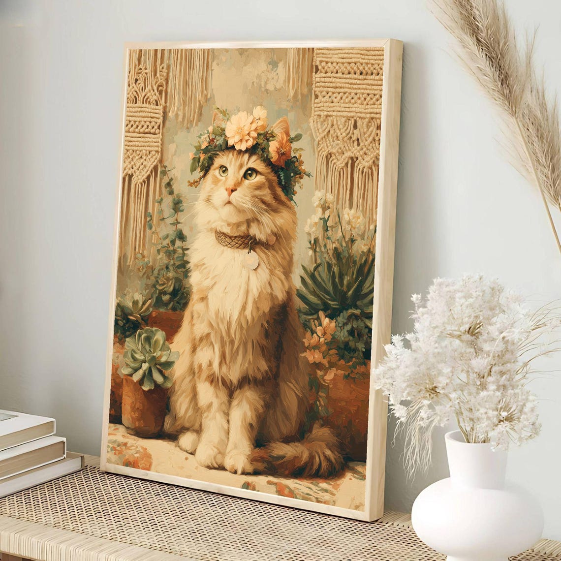Boho Cat Flower Crown Macrame Succulents Bohemian Wall Poster - Image 3