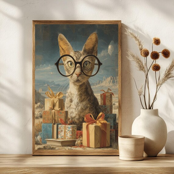 Cat in Glasses With Christmas Gifts Surreal Holiday Art Poster