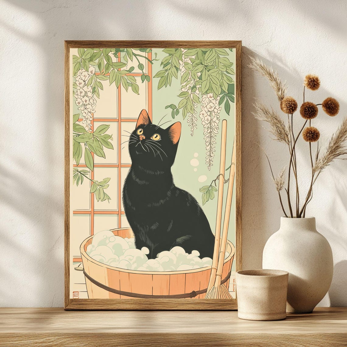 Black Cat Bubble Bath Japanese Ukiyoe Woodblock Style Art Poster - Image 2