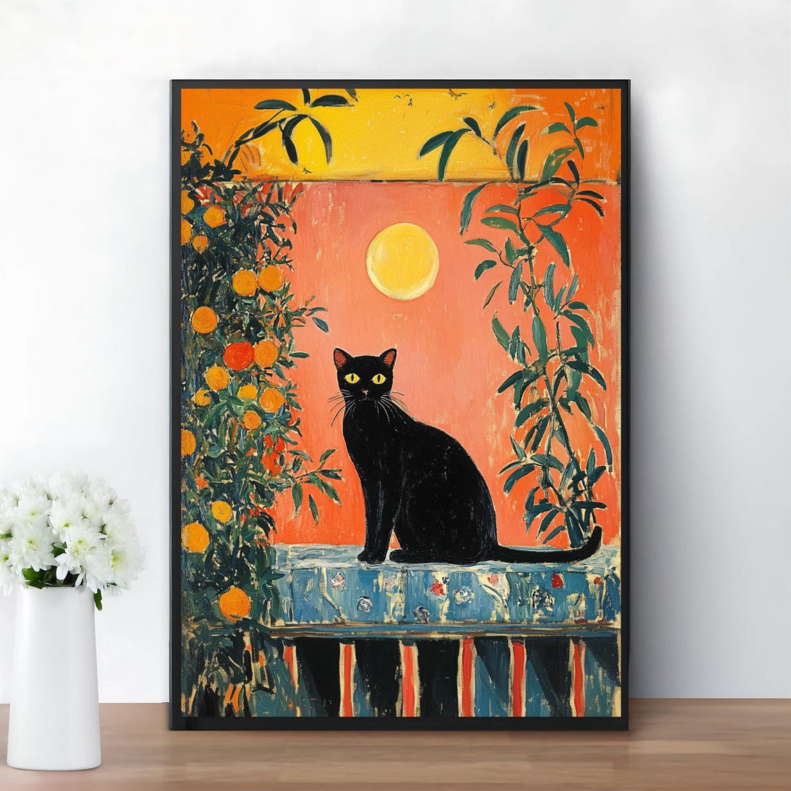 Matisse Style Black Cat Open Window Coral Sun Floral Art Poster - Image 4