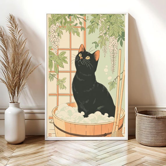 Black Cat In Bath Art Print Japanese Style Lover Wall Unique Gift Minimalist Home Decor Hokusai