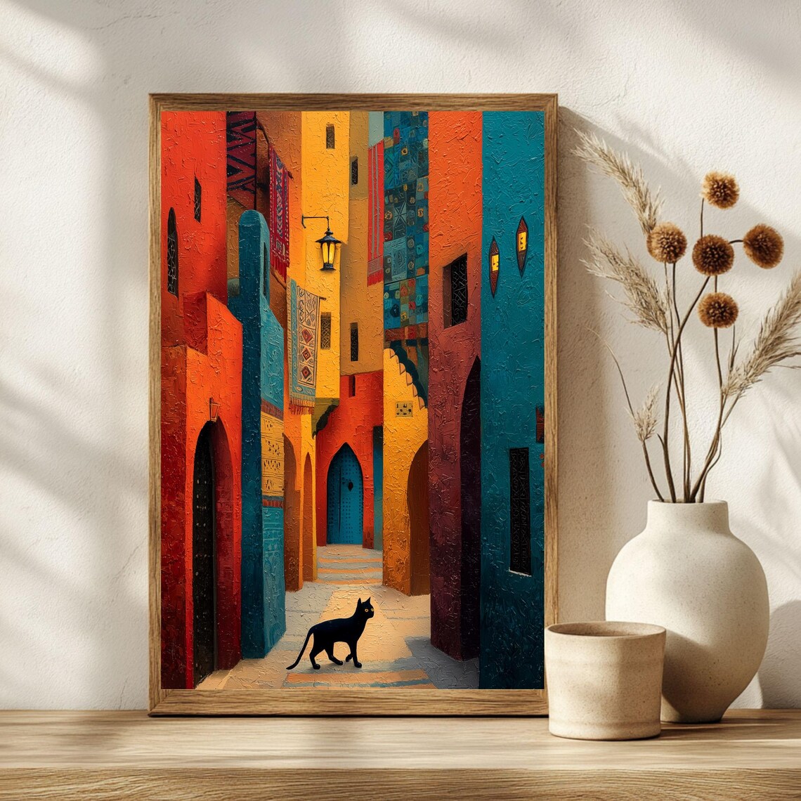 Black Cat Moroccan Medina Colorful Alley Impasto Oil Art Poster - Image 3