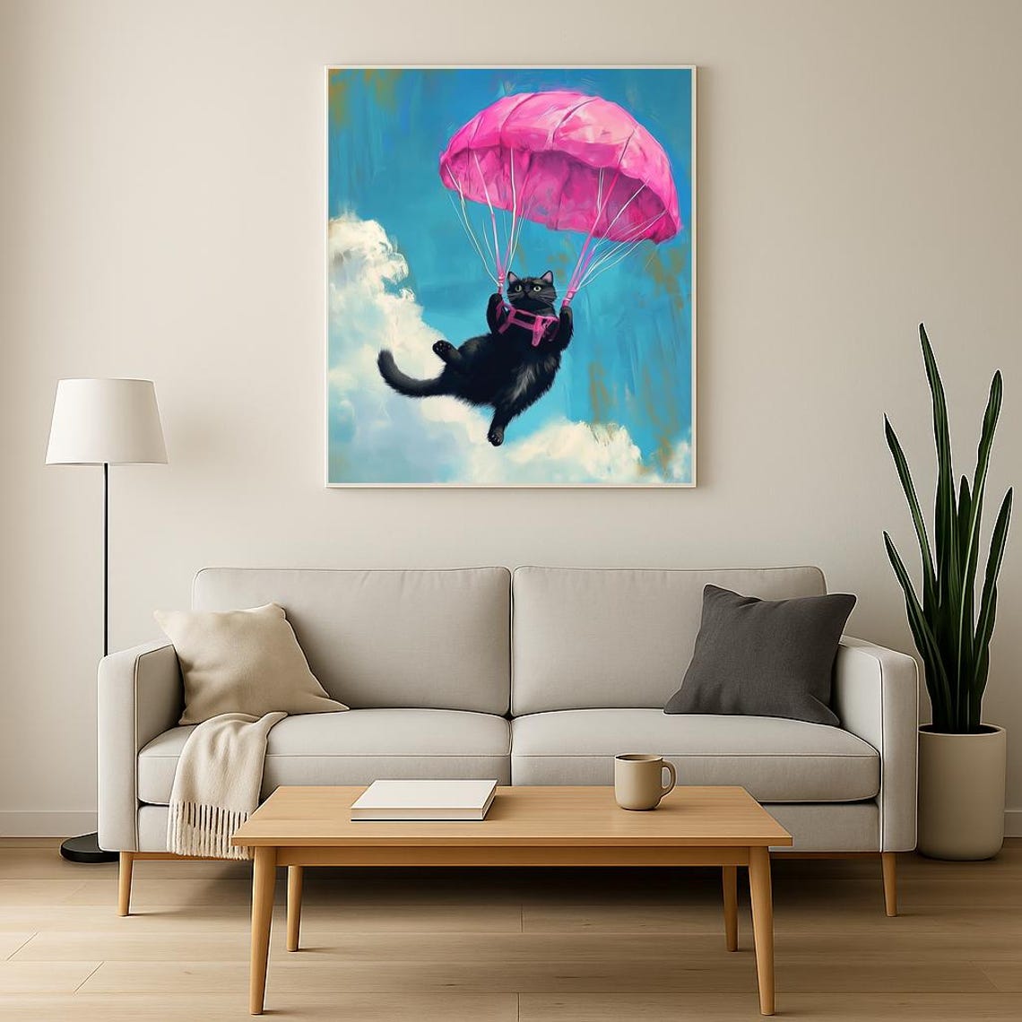 Black Cat Parachute Pink Canopy Whimsical Sky Adventure Poster - Image 2