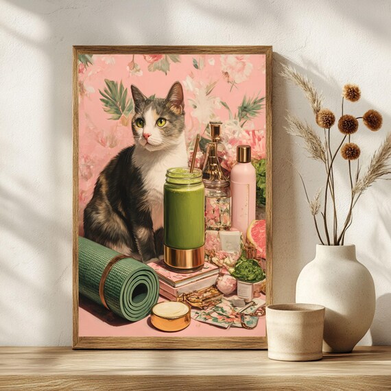Wellness Cat With Green Smoothie Yoga Mat Pink Floral Poster