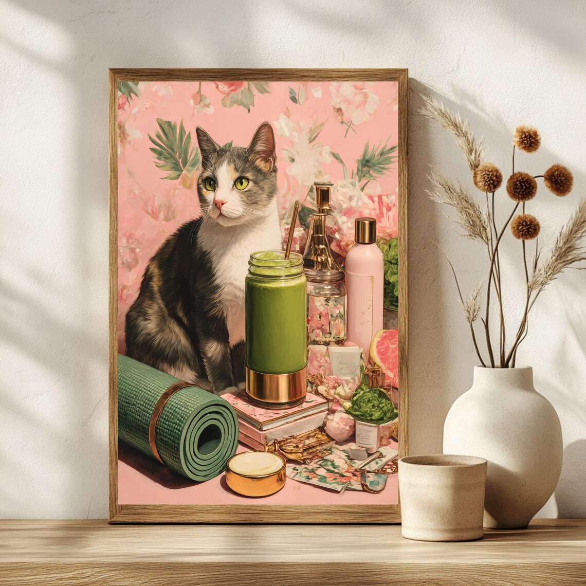 Wellness Cat With Green Smoothie Yoga Mat Pink Floral Poster