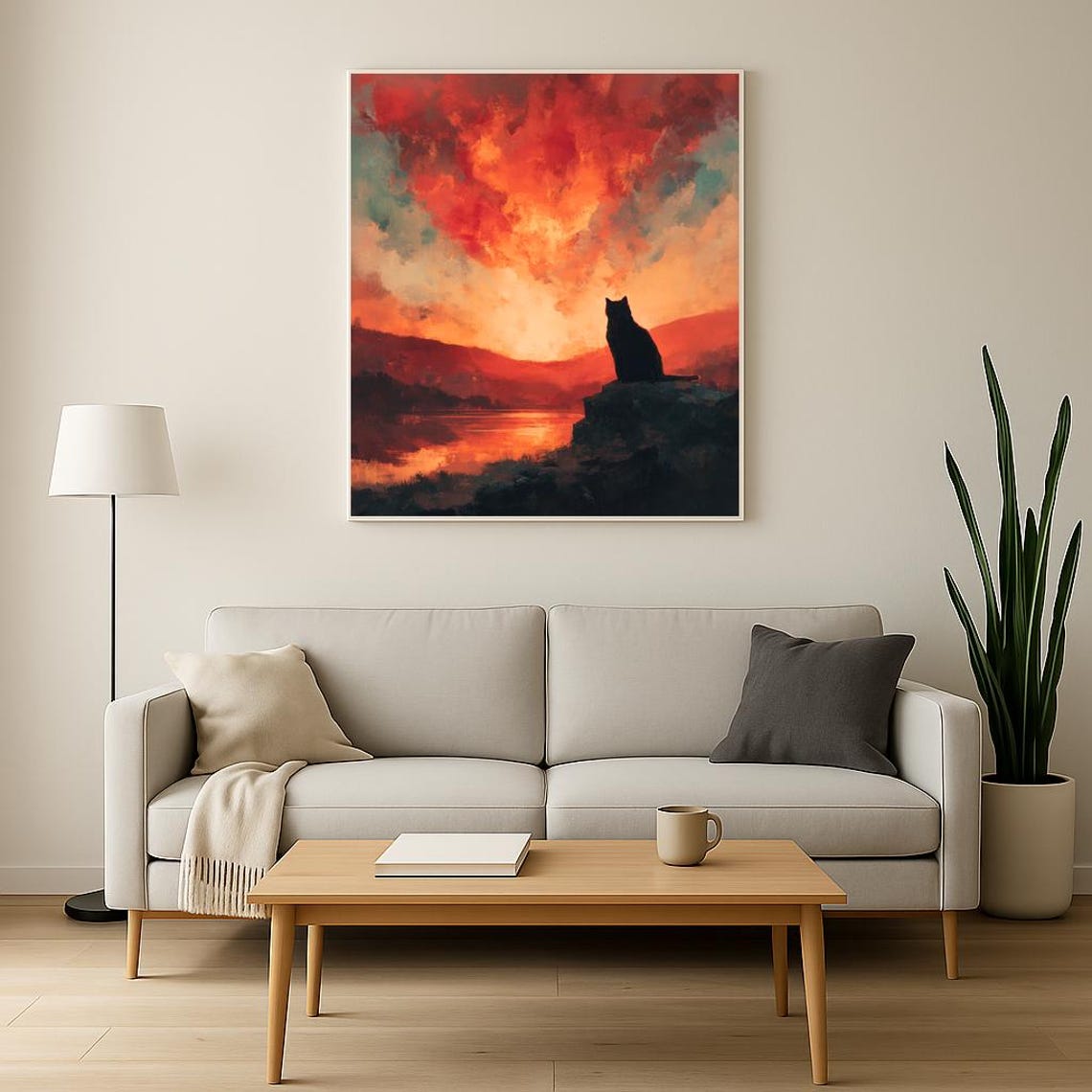 Black Cat Silhouette at Sunset Over Mountain Lake Art Poster - Image 4