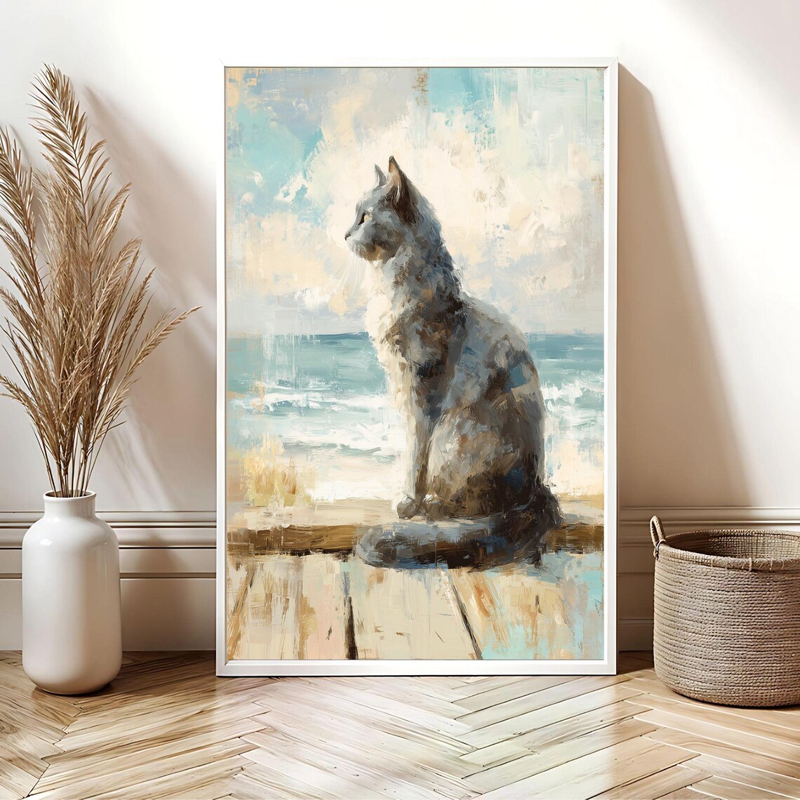 Gray Cat Gazing at Ocean From Wooden Dock Coastal Art Poster - Image 2