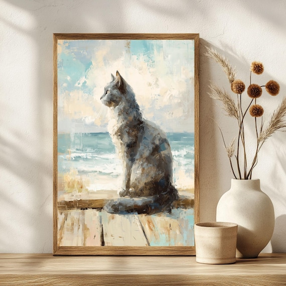 Gray Cat Gazing at Ocean From Wooden Dock Coastal Art Poster