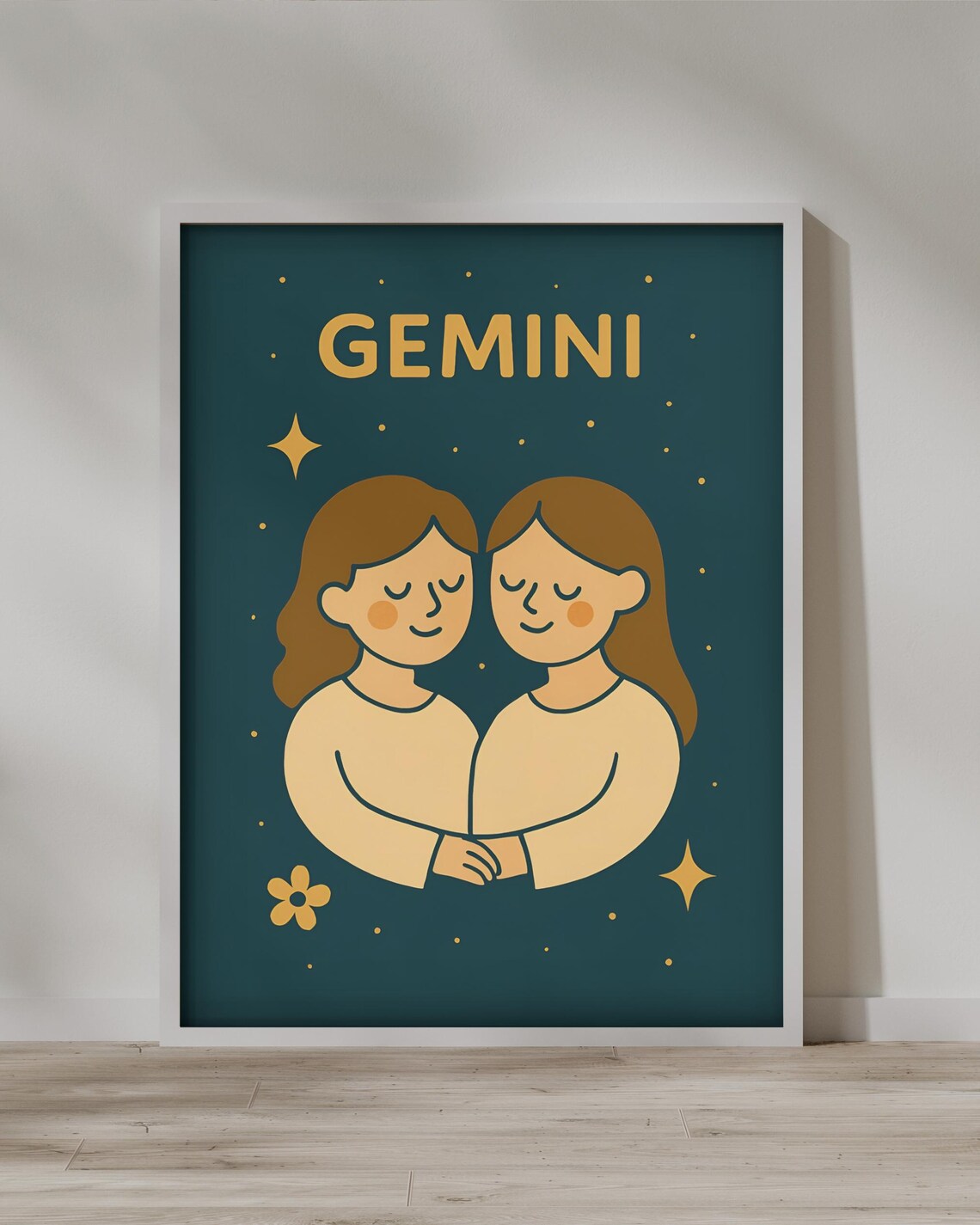 Gemini Zodiac Sign Cute Twins Hugging Cartoon Starry Night Poster