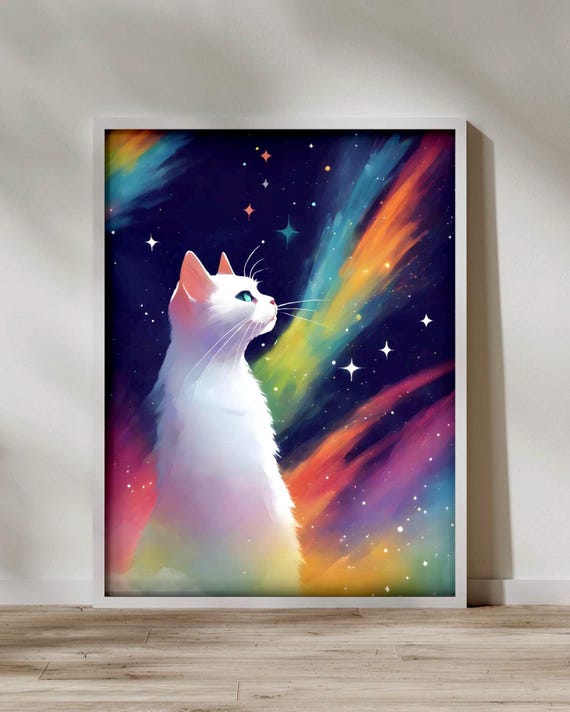 Cosmic White Cat Poster Whimsical Stars Nursery Art