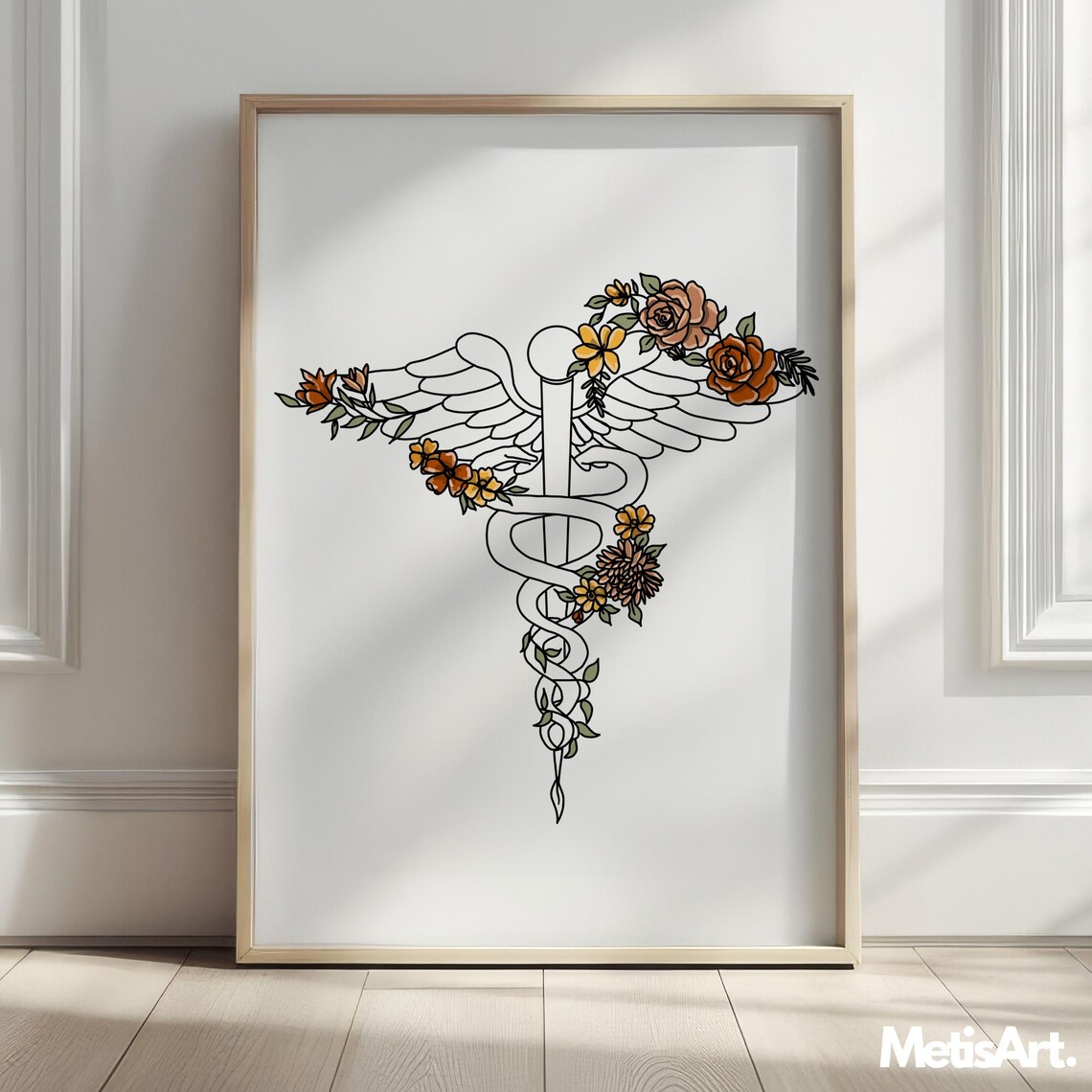 Floral Caduceus Medical Symbol Line Art Nurses Doctor Poster