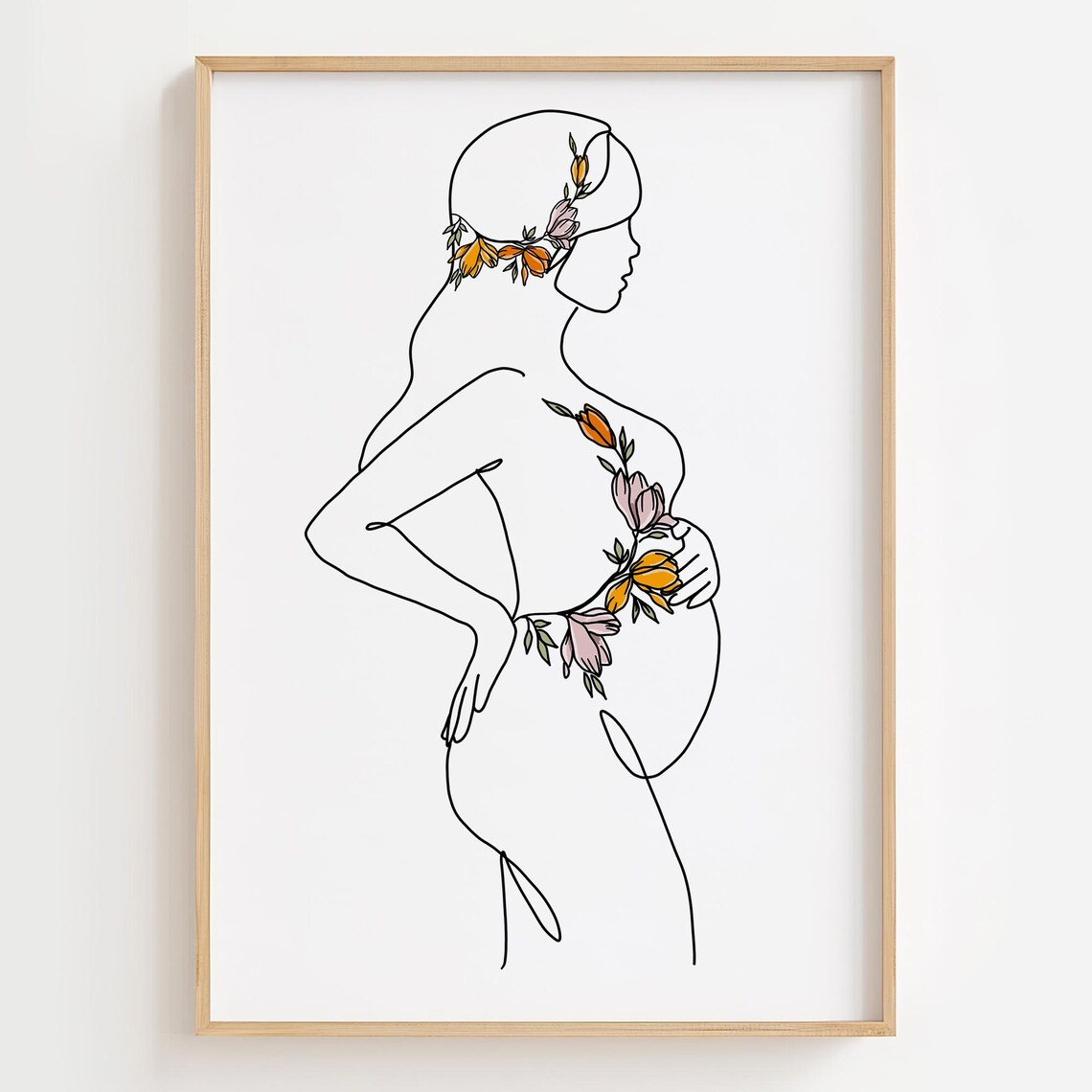 Floral Pregnancy Line Art Print, Motherhood Decor