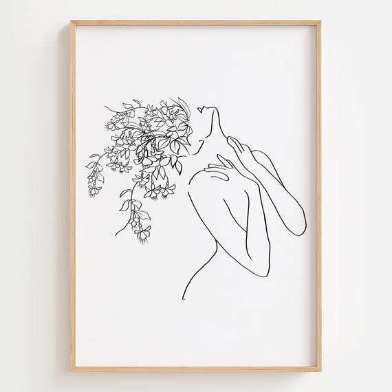 Flower Crown Woman Line Art Print, Minimalist Drawing