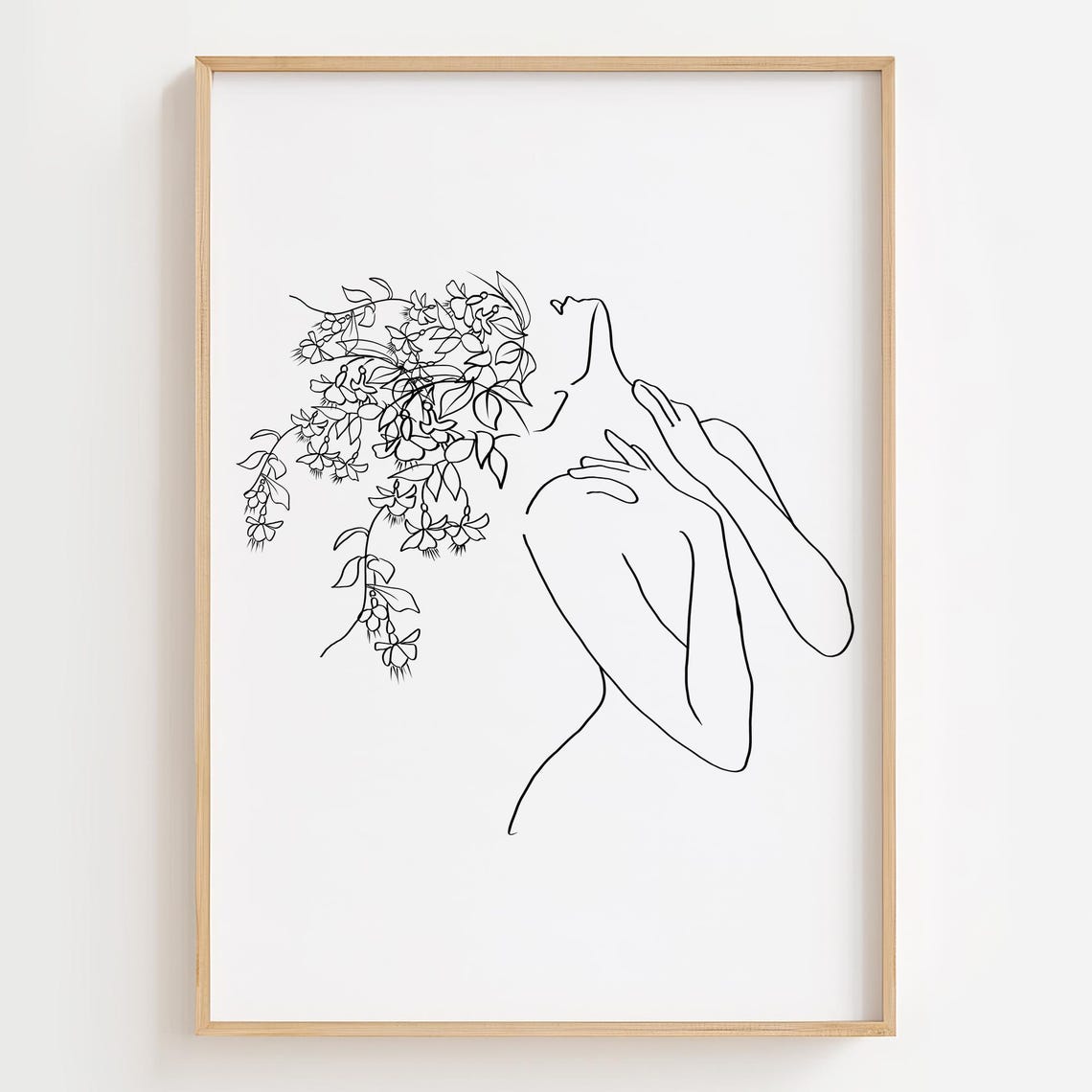 Flower Crown Woman Line Art Print, Minimalist Drawing