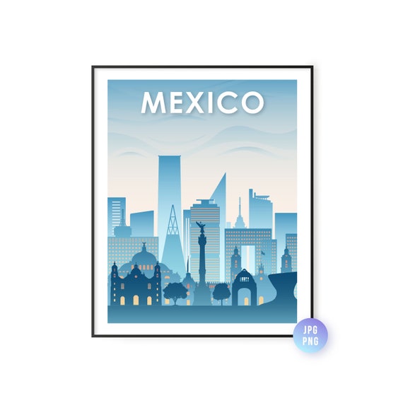 Blue Mexico Skyline Print Wall Art Gifts For Travel Lovers Modern City Jpg Png
