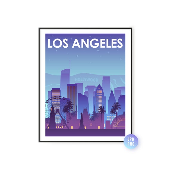 Night Los Angeles Skyline Print City Poster Living Room Decor Instant Jpg Png