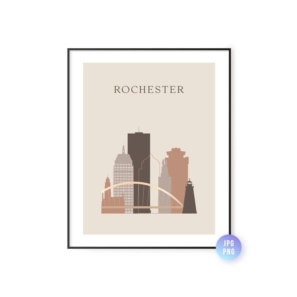 Rochester New York Skyline Bridge Neutral Tones Minimalist Print