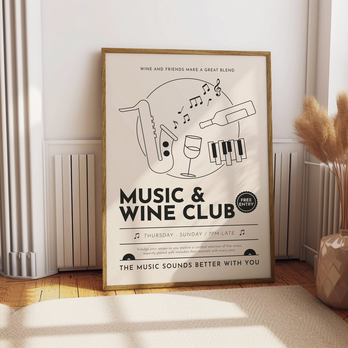 Black and White Music and Wine Club Jazz Evening Line Art Poster - Image 4
