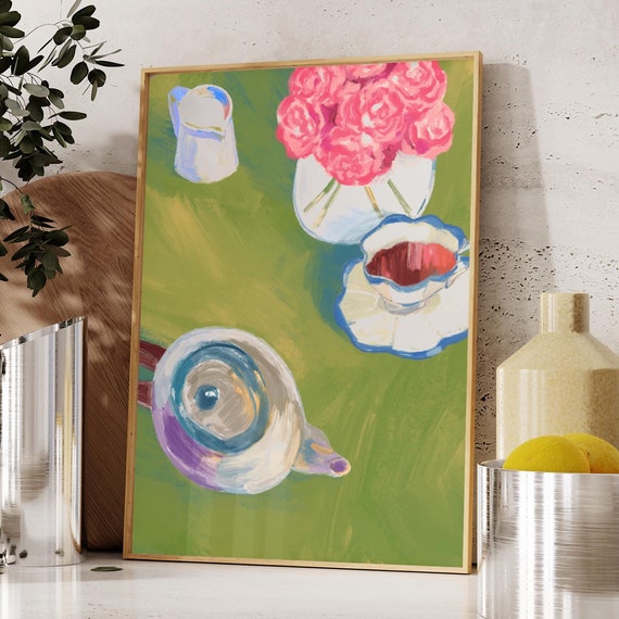 Kitchen Decor Poster Cute Cooking Art Wall Print Minimalist Coffee Green Floral