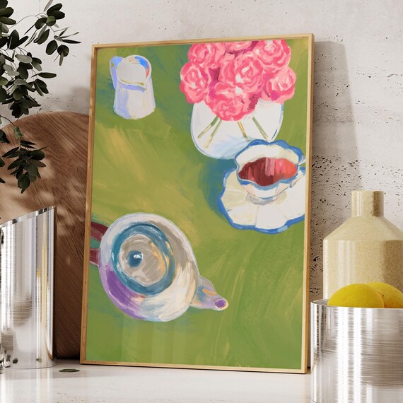 Pink Roses Teapot Teacup Green Background Tea Time Art Poster