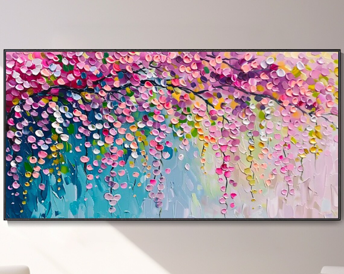 Pink Cherry Blossom Oil Painting, Spring Landscape