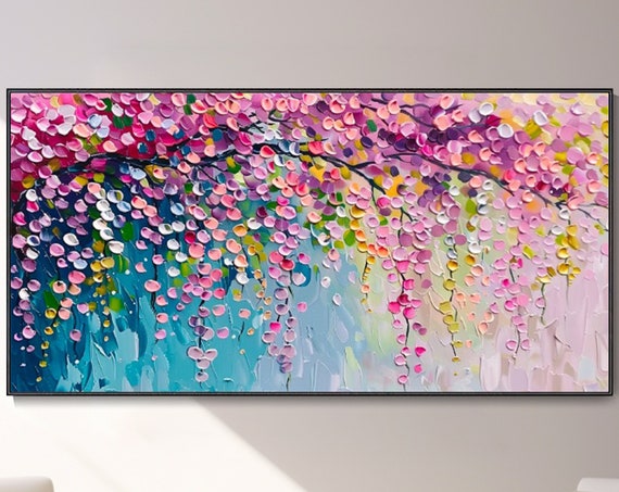 Pink Cherry Blossom Oil Painting, Spring Landscape