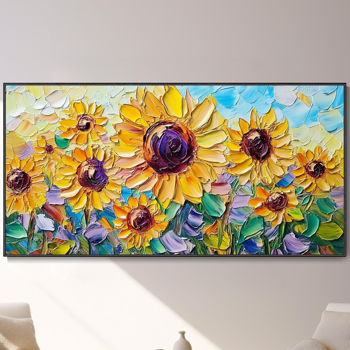 Vibrant Sunflowers Purple Centers Impasto Oil Painting Poster