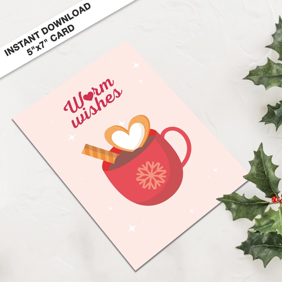 Warm Wishes Red Cocoa Mug Instant Download Christmas Card Poster - Image 3