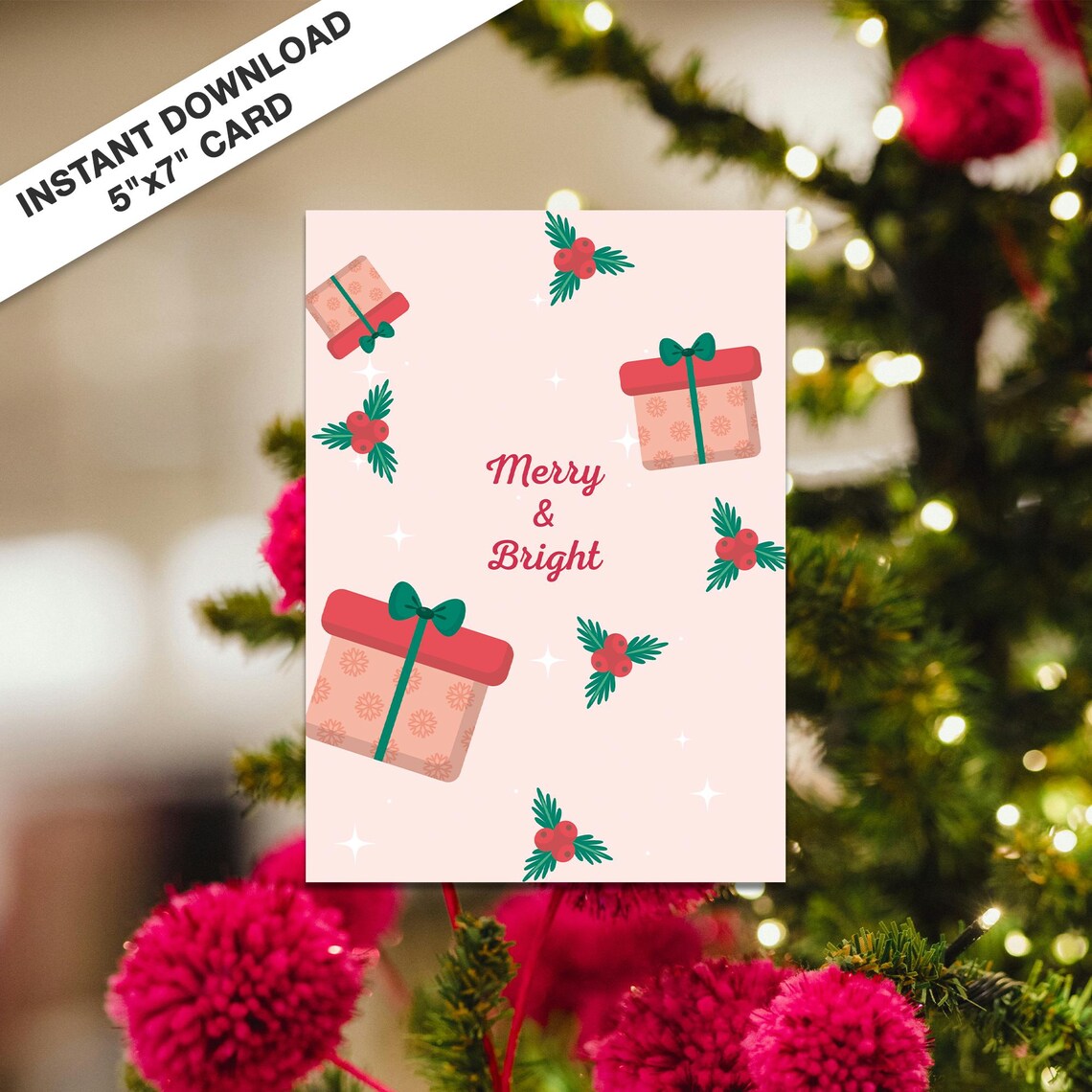 Merry And Bright Gifts and Holly Christmas Card Download Poster