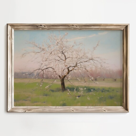 White Cherry Blossom Tree in Bloom Spring Pastoral Meadow Landscape Poster