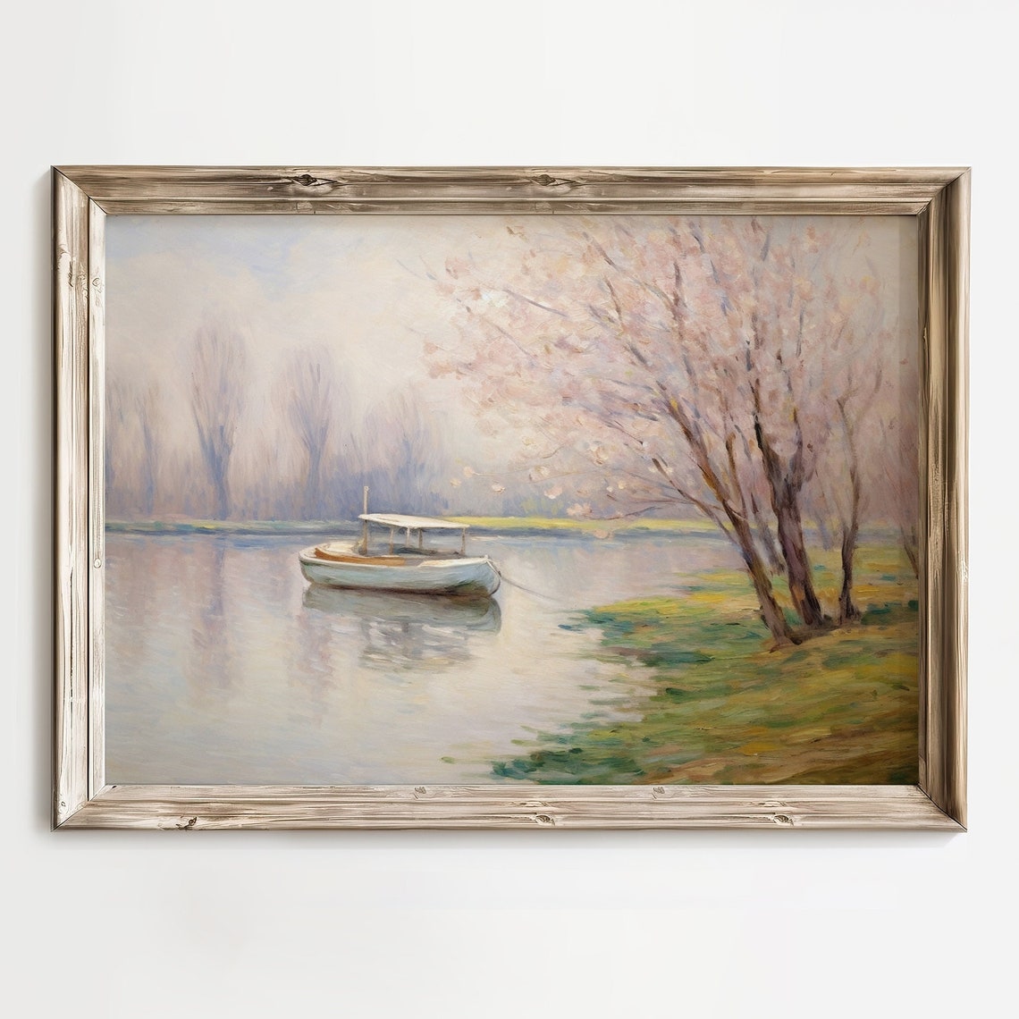 Rowboat Moored Under Blossoming Trees On Misty River Spring Poster