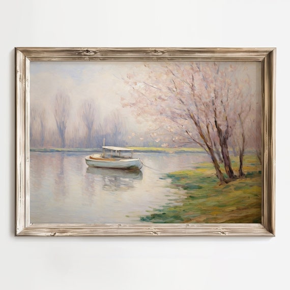 Boat Print Lake Landscape Wall Art Oil Painting Print Vintage Painting Neutral Seascape Wall Art Calm Water Print