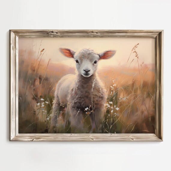Soft Baby Lamb Sunset Golden Pasture Farm Nursery Decor Wall Art