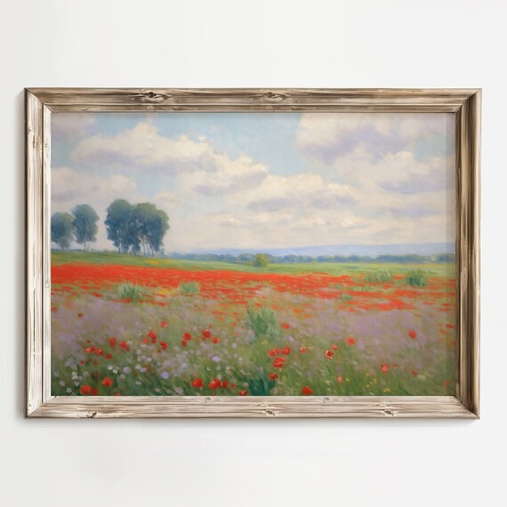 Red Poppy Field Under Blue Sky Impressionist Summer Meadow Poster
