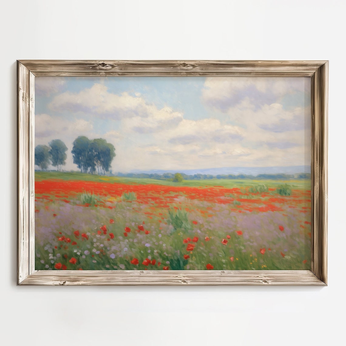 Red Poppy Field Under Blue Sky Impressionist Summer Meadow Poster