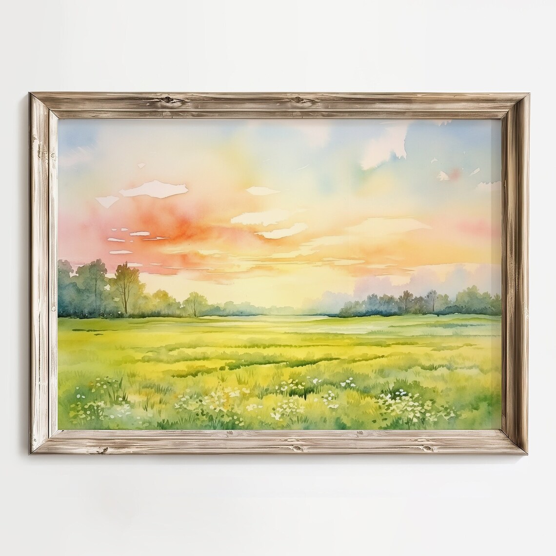 Spring Landscape Watercolor Art Print, Seasonal Meadow